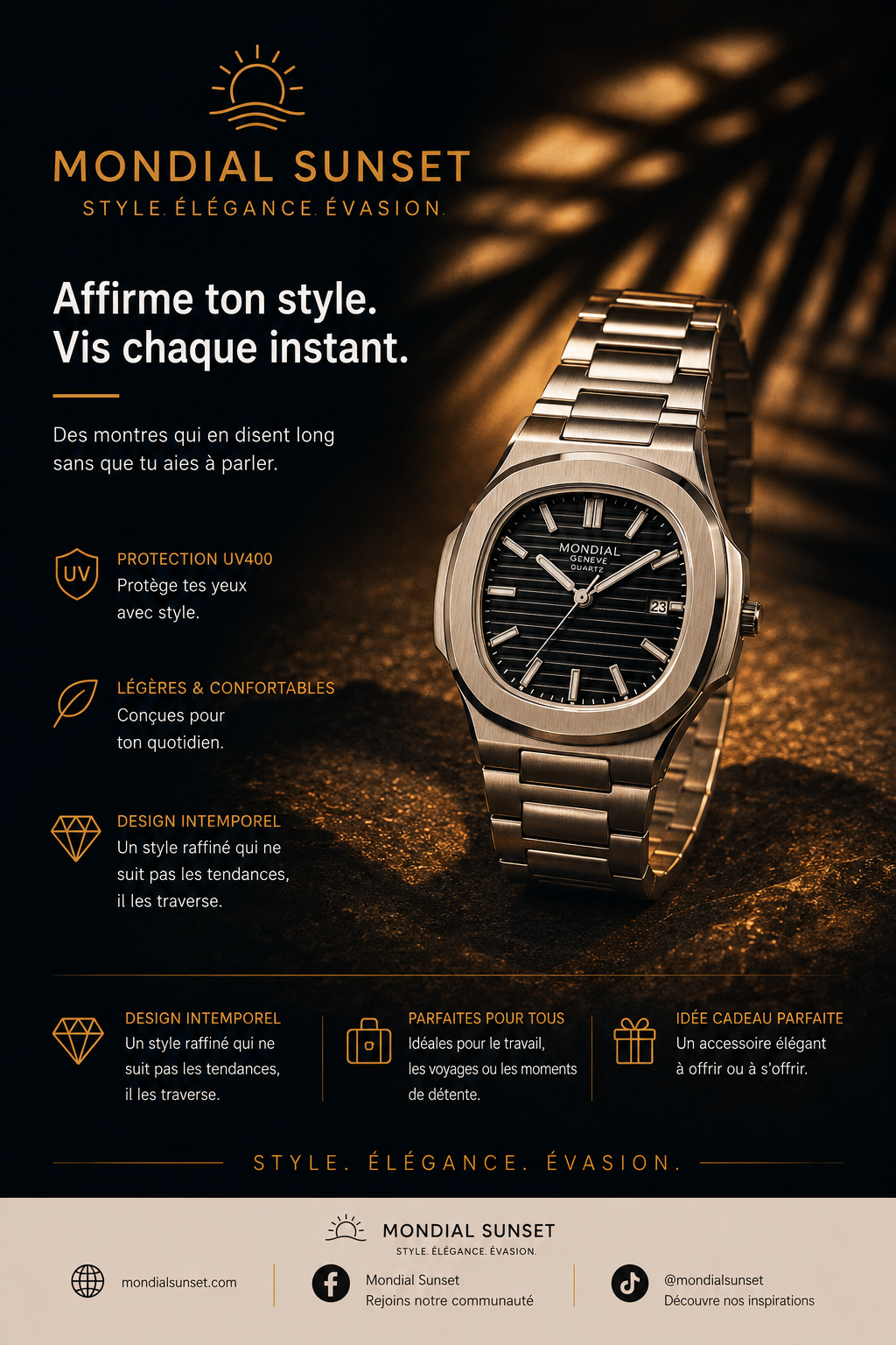 Montre Quartz Mondial sunset-acier inoxydable & Elégance