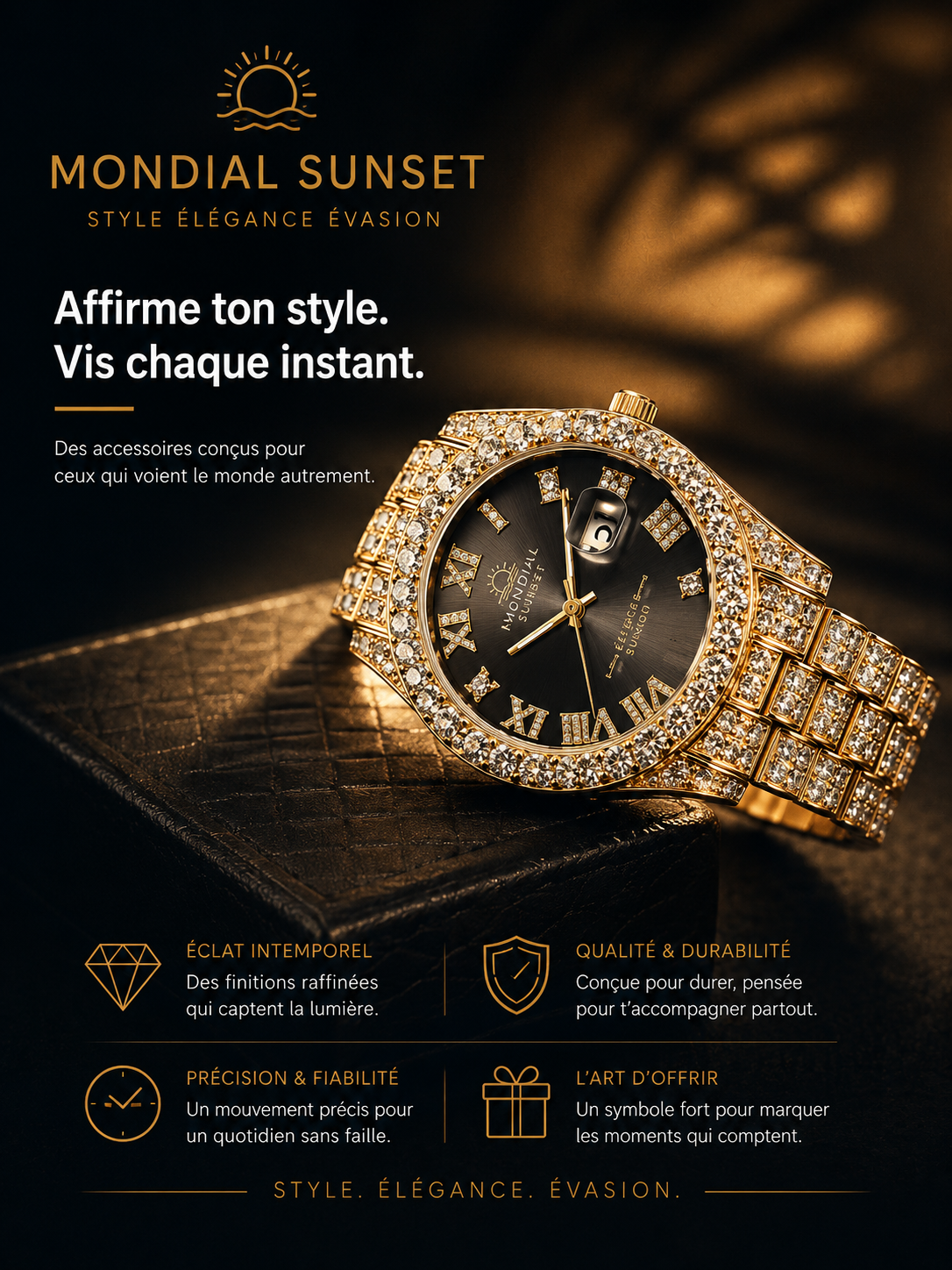 Mécanisme quartz précis,acier inoxydable, élégance & diamant