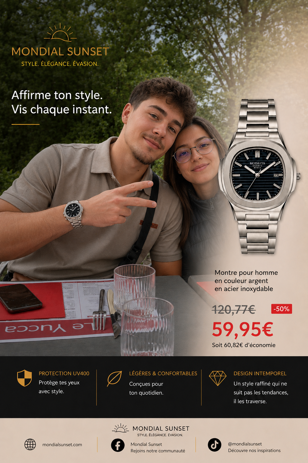Montre Quartz Mondial sunset-acier inoxydable & Elégance