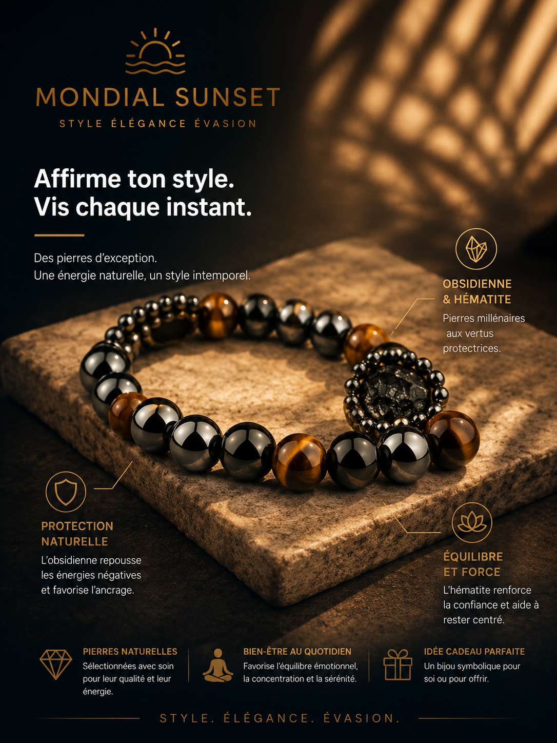 Bracelets en perles d'oeil de tigre en hématite d'obsidienne noire naturelle pour hommes et femmes, Protection magnétique de la santé